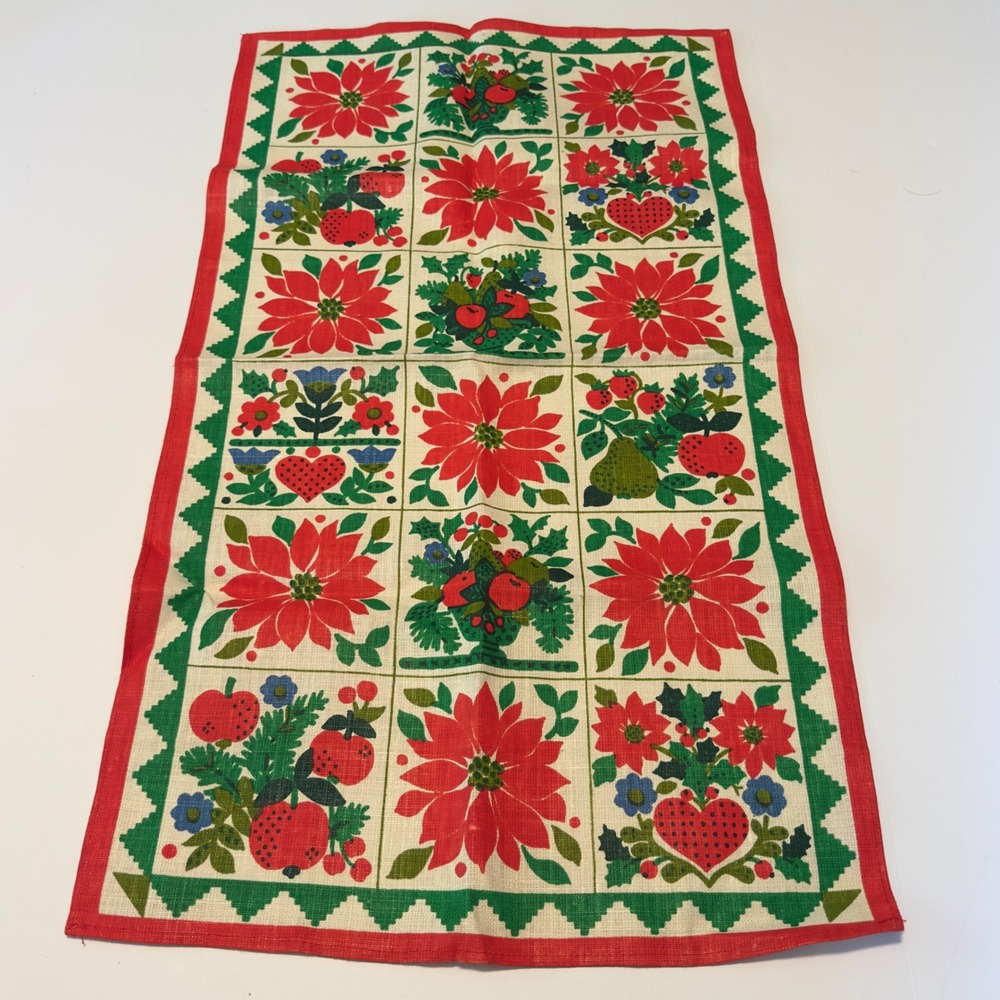 Vintage Christmas Tea Towel Red Green Poinsettia Fruit Heart Folk Art 16x28